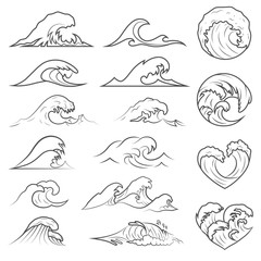 Ocean waves collection. Sea storm wave isolated. Waves, water elements set. Nature wave water storm linear style illustration