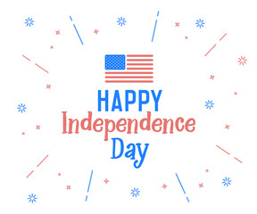 Wall Mural - Happy Independence Day text with united states of america flag colors. Vector retro background label for Independence day of USA in july 4. Cheerful design, funny hand drawn letters and fireworks