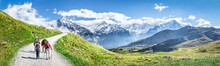 Gruppe Beim Wandern In Den Schweizer Alpen Als Panorama Hintergrund