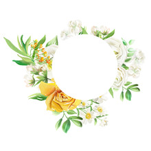Beautiful Round, Circle Frame With Watercolor Flowers, Floral Bouquets, Wreaths. Yellow Flowers - Roses, Peonies, Marigolds. Isolated On White