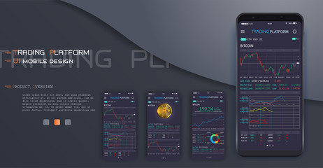 Leinwandbilder - Trade exchange app on phone screen. Mobile banking cryptocurrency ui. Online stock trading interface vector eps 10. Illustration of mobile banking crypto currency, bitcoin and dollar .Vector crypto wa