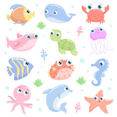 Cute sea animals set