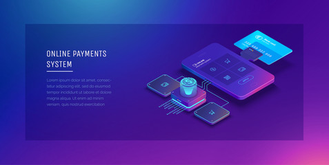 Poster - Financial analytics, digital financial services. Phone with a mobile interface of the payment system, money transfers and financial transactions. Vector illustration isometric style.