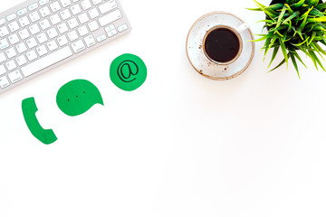Poster - Template for contacts, background for contact information. Phone, email signs on office work desk with computer on white background top view copy space