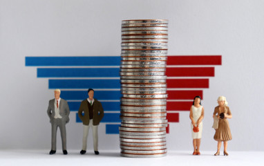 Wall Mural - Two miniature men and two miniature women standing on both sides of a pile of coins in front of a bar graph. The concept of gender gap.