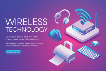 Fototapete - Wireless technology vector illustration of digital devices on Wi-Fi, Bluetooth or NFC connection. Cloud communication in computer keyboard and mouse, smartphone or earphones on ultra violet background