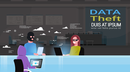 Poster - Hackers Group Wearing Black Masks Sitting At Gadgets Viruses Data Privacy Attack Internet Information Security Hacker Activity Concept Flat Vector illustration