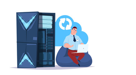 Poster - Data storage synchronization cloud center with hosting servers and staff. Computer technology, network and database, internet center, communication support, flat design vector illustration