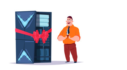 Poster - Data storage open center with hosting servers and staff. Full construction computer technology, network and database, internet center, communication support, flat design