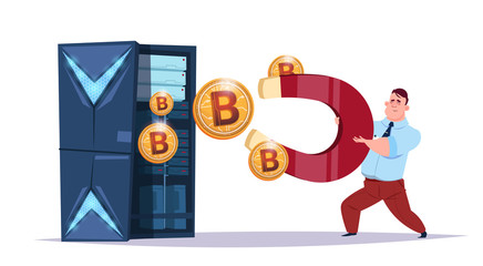 Poster - data storage bitcoin center with hosting servers and staff. computer mining communication support, c