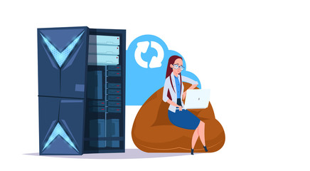 Poster - data storage synchronization cloud center with hosting servers and staff. computer technology, netwo