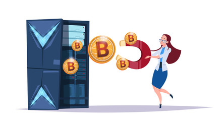 Poster - data storage bitcoin center with hosting servers and staff. computer mining communication support, c