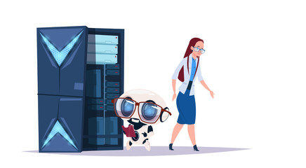 Poster - data storage artificial intelligence center with hosting servers and staff. computer robot communica