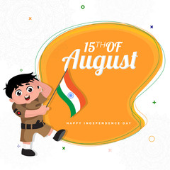 Poster - 15th of August, Indian Independence Day concept with cute boy saluting and holding Indian flag on yellow and white background.