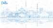 Outline Delhi India City Skyline with Blue Buildings and Reflections.