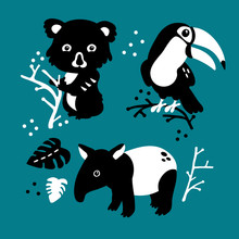 Vector Illustration Of Cute Funny Baby Rainforest Animals Set For Print,poster,scandinavian Design
