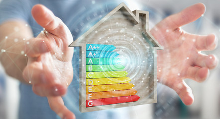 Wall Mural - businessman using 3d rendering energy rating chart in a wooden house