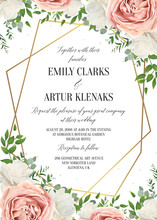 Wedding Floral Invite, Invtation Card Design. Watercolor Blush Pink Rose, White Garden Peony Flowers Blossom, Green Leaves, Greenery Plants & Golden Geometrical Frame. Vector Romantic, Modern Template