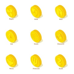 Poster - Gold coin icons set. Isometric set of 9 gold coin vector icons for web isolated on white background