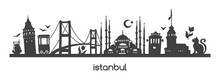 Vector Panoramic Illustration Istanbul With Black Silhouette Of Turkish Symbols And Landmarks Of Turkey. Hand Drawn Elements: Galata Tower, Bridge, Tram, Mosque. Horizontal Banner Or Print Design. 