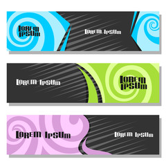 Wall Mural - Vector set of horizontal futuristic Banners, 3 layouts for website headers with spiral abstract pattern and copy space for advertising text, design templates with waves background for presentation.
