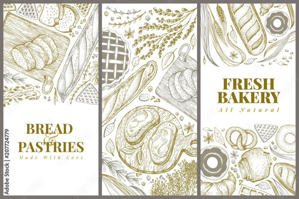 Bakery top view design templates. Hand drawn vector illustration with ...