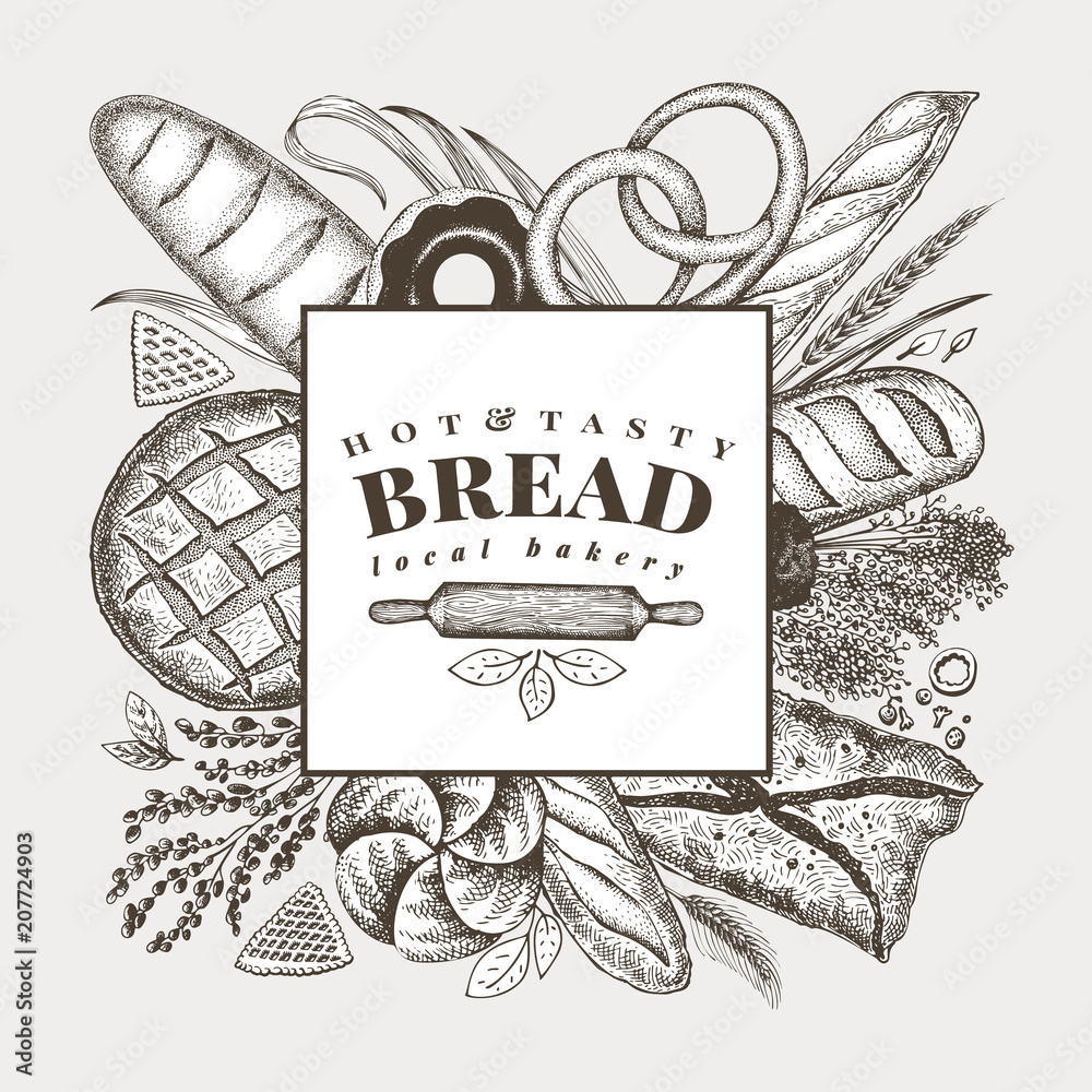 Vector bakery hand drawn illustration. Background with bread and pastry ...