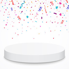 Poster - Pedestal with colorful confetti isolated on grey background. Vector illustration. Round podium. Winner concept