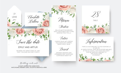 Wedding floral save the date, menu, label, table number card big vector design with creamy white garden peony flowers blush pink roses, eucalyptus green leaves, greenery herbs decoration. Romantic set