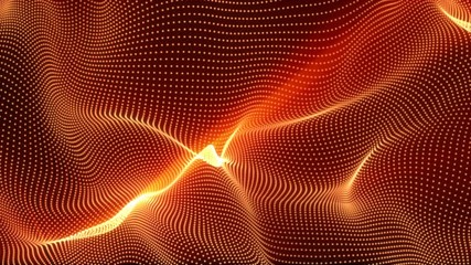 Poster - abstract loopable gold cg motion waving dots texture with glowing defocused particles. cyber or tech