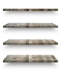 Wall Mural - Isolated empty wooden shelf for exhibit on white background with clipping path