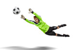 Fototapeta Sport - goalkeeper kid flying for the ball isolated on white
