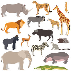 vector illustration of cute african animals isolated on white background, such as elephant, zebra, g