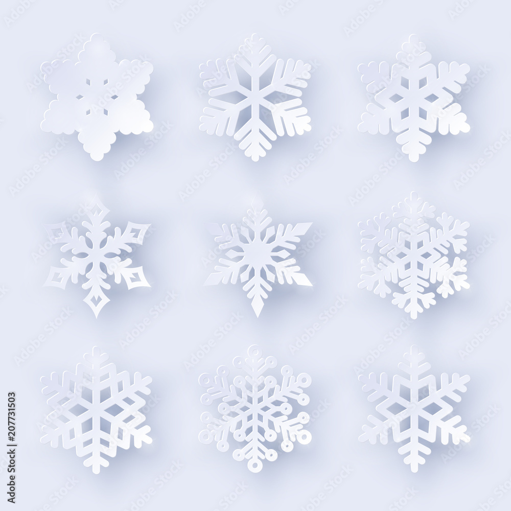 Vector set of 9 paper cut snowflakes with shadow on white background ...