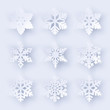 Vector set of 9 paper cut snowflakes with shadow on white background. New year and Christmas design elements