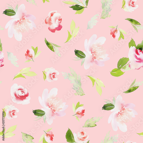 Seamless summer pattern with watercolor flowers handmade.