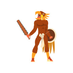 Sticker - Armed tribal male warrior in animal hide and skull headdress, tribe member in traditional clothing with weapon vector Illustration on a white background