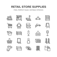 Retail store supplies line icons. Trade shop equipment signs. Commercial objects - cash register, basket, scales, shopping cart, shelving, display cases. Pixel perfect 64x64.