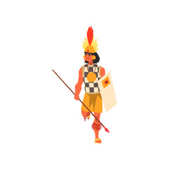 Sticker - Armed tribal male warrior in traditional clothing and headdress with spear and shield vector Illustration on a white background