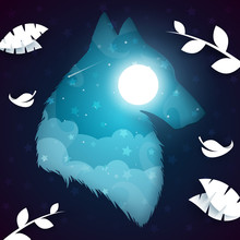Paper Wolf, Dog Illustration. Nightlandscape Vector Eps 10