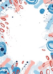 Poster - Creative vertical backdrop decorated with pink and blue paint stains, round spots and brush strokes on white background. Hand painted frame or border. Artistic vector illustration in modern style.