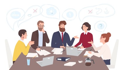 Poster - Men and women dressed in business clothes sitting at table and discussing ideas, exchanging information, solving problems. Brainstorm or group discussion. Cartoon vector illustration in flat style.