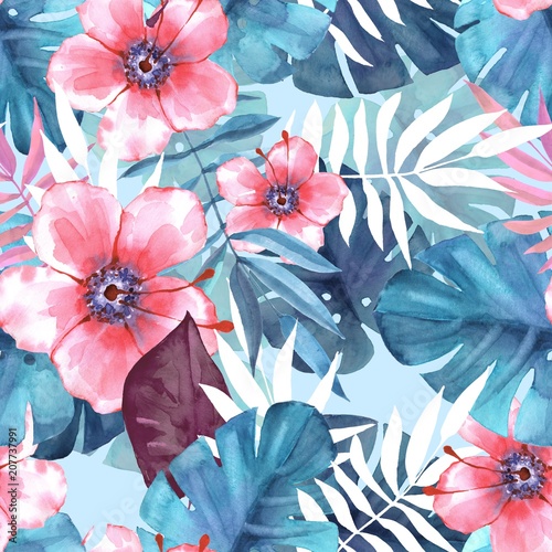 Tapeta ścienna na wymiar Seamless tropical pattern 3. Watercolor illustration