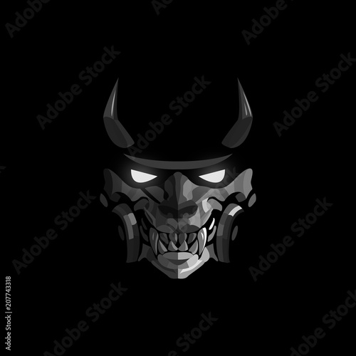 Fotografie, Obraz Mask of a samurai with horns and glowing eyes on a black background