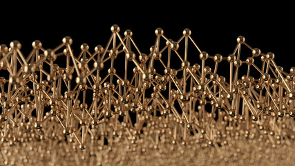 Plexus abstract background in empty space. Futuristic gold shape. Network concept. Modern design for banner, poster, placard. 3d render