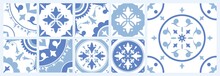 Bundle Of Ceramic Square Tiles With Various Traditional Oriental Patterns. Set Of Mediterranean Decorative Ornaments In Blue And White Colors. Vector Illustration In Vintage Azulejo Or Moroccan Style.