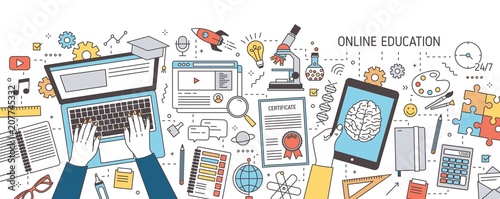Fotomural Colorful horizontal banner with hands typing on laptop and holding tablet computer and various office supplies