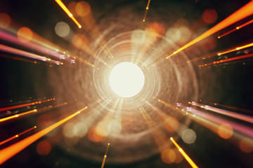 abstract lens flare. concept image of space or time travel background over dark colors and bright li