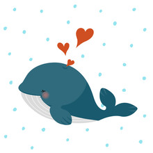 Cute Blue Whale With Hearts On Blue Dots Pattern