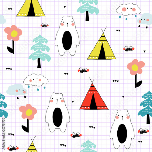 Fotografia Funny doodle seamless pattern with teepee and bear in the forest